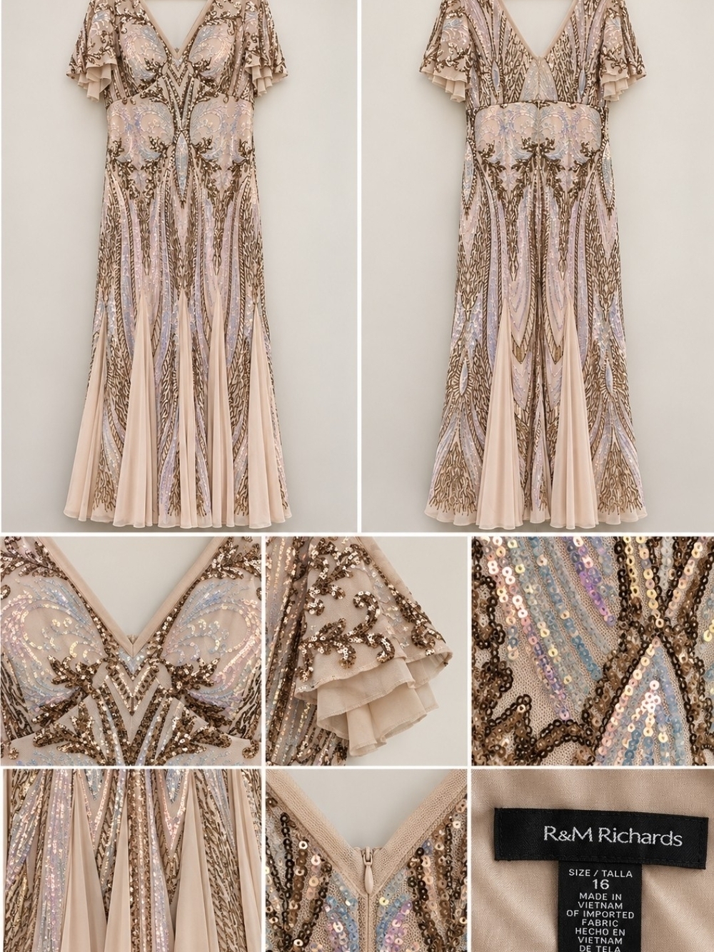 R&M Richards Blush and Gold Sequin Maxi Dress